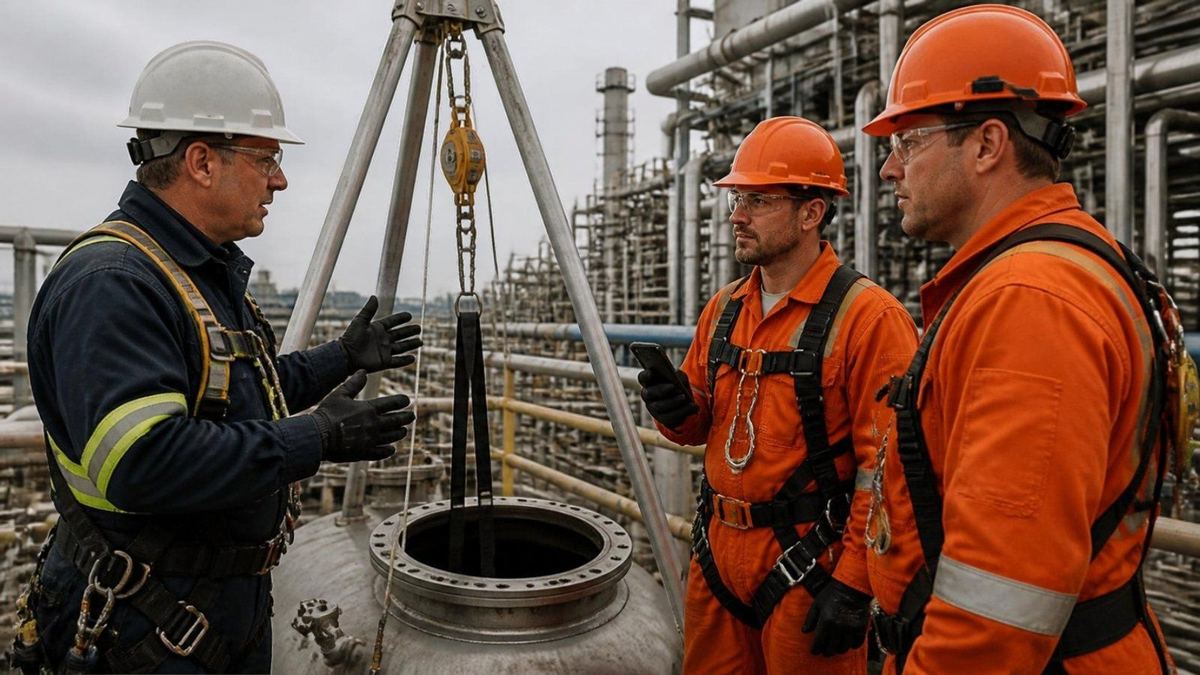 A safety instructor briefing two workers beside a confined-space entry
