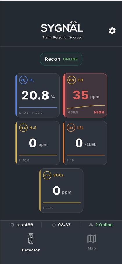SYGNAL app showing O₂, CO, H₂S, LEL and VOC readings