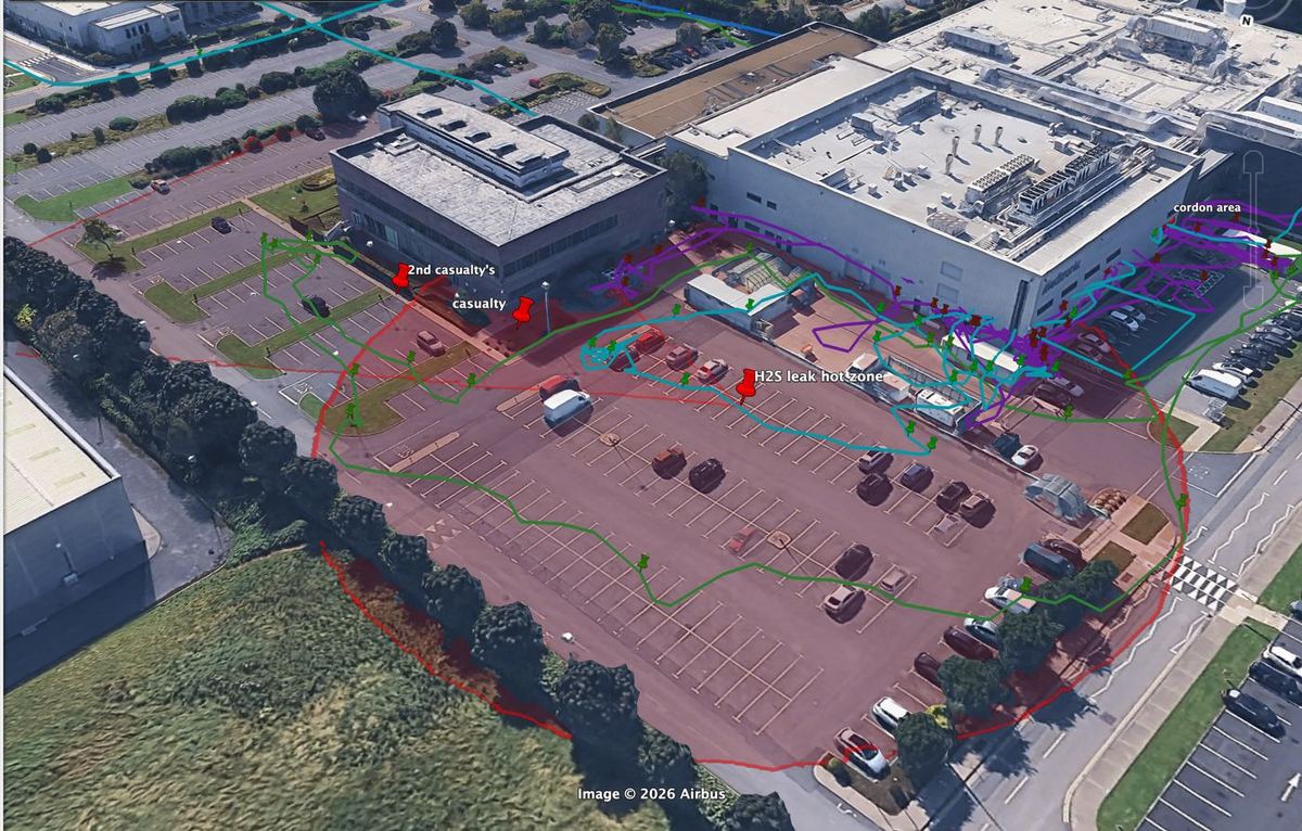 Aerial exercise map with team positions and a hazard zone