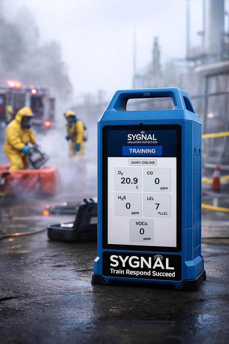 A rugged SYGNAL SAM training tablet at a hazmat scene