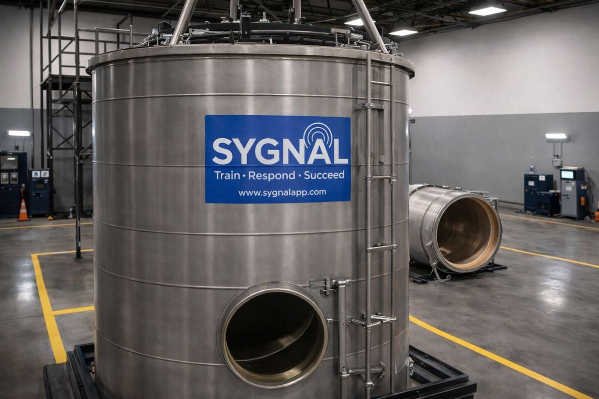 A SYGNAL-branded steel tank used as a confined-space training prop